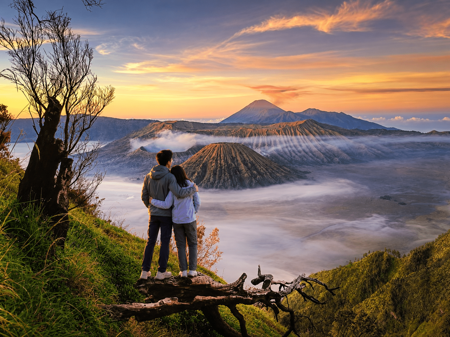 Two travellers standing on a fallen log overlooking Mount Bromo after sunrise
