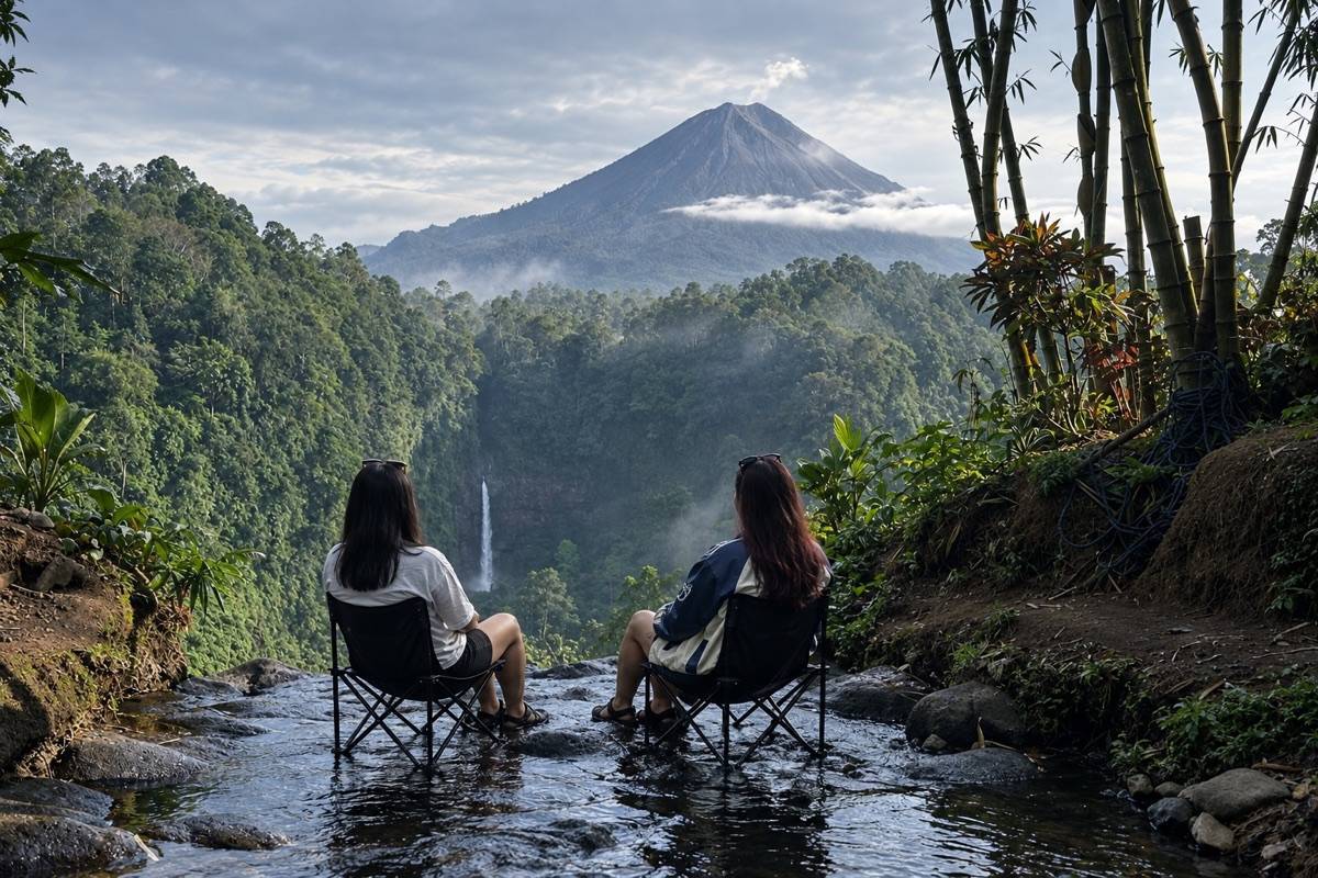 Two travellers viewing Mount Semeru and Kapas Biru