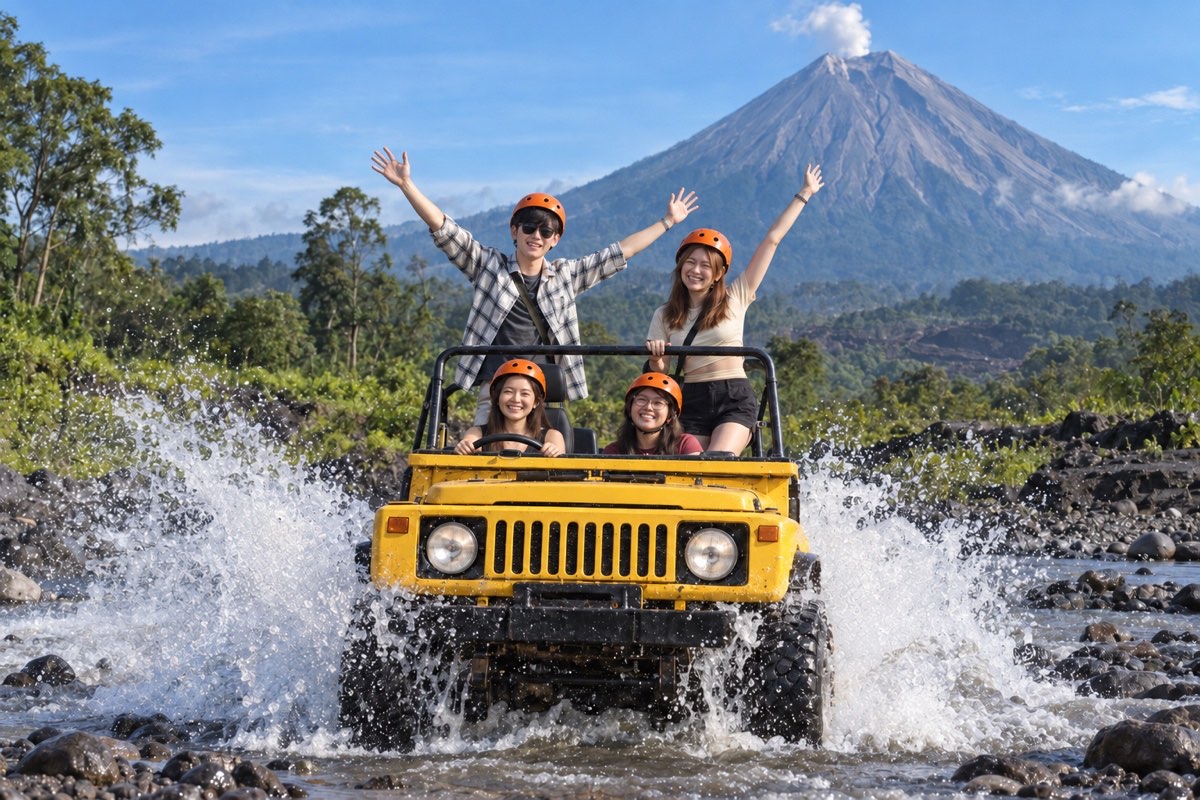 Four travellers overlooking Mount Semeru during a lava tour by jeep
