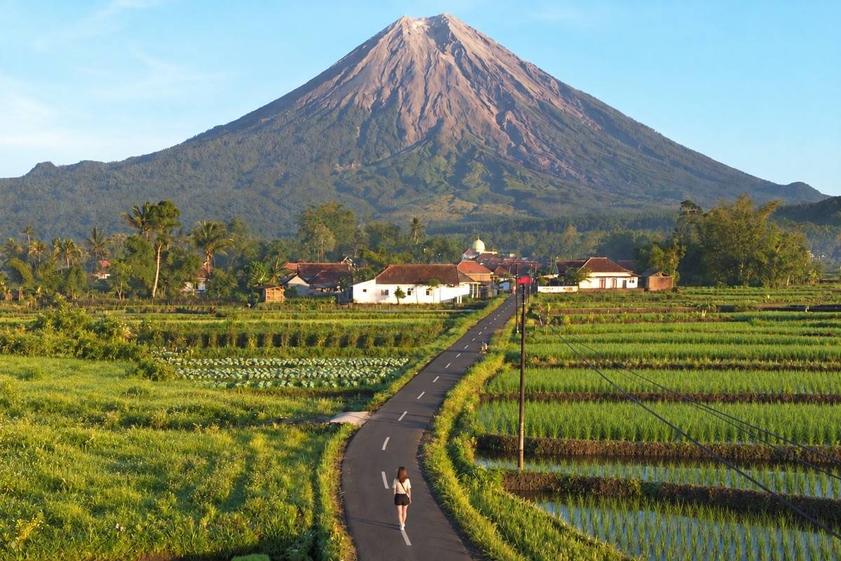 Green fields and Mount Semeru viewed from Teras Semeru
