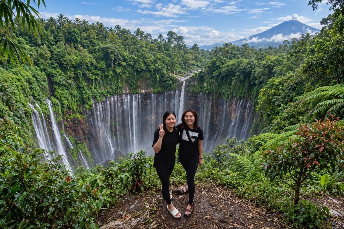 Two travellers at the Tumpak Sewu viewpoint with Mount Semeru in the background