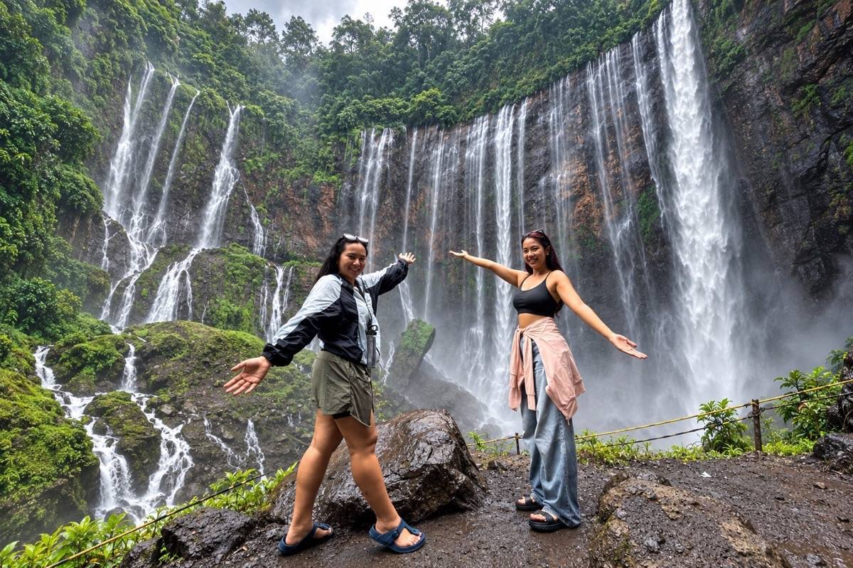 Two travelers inside the Tumpak Sewu waterfall basin