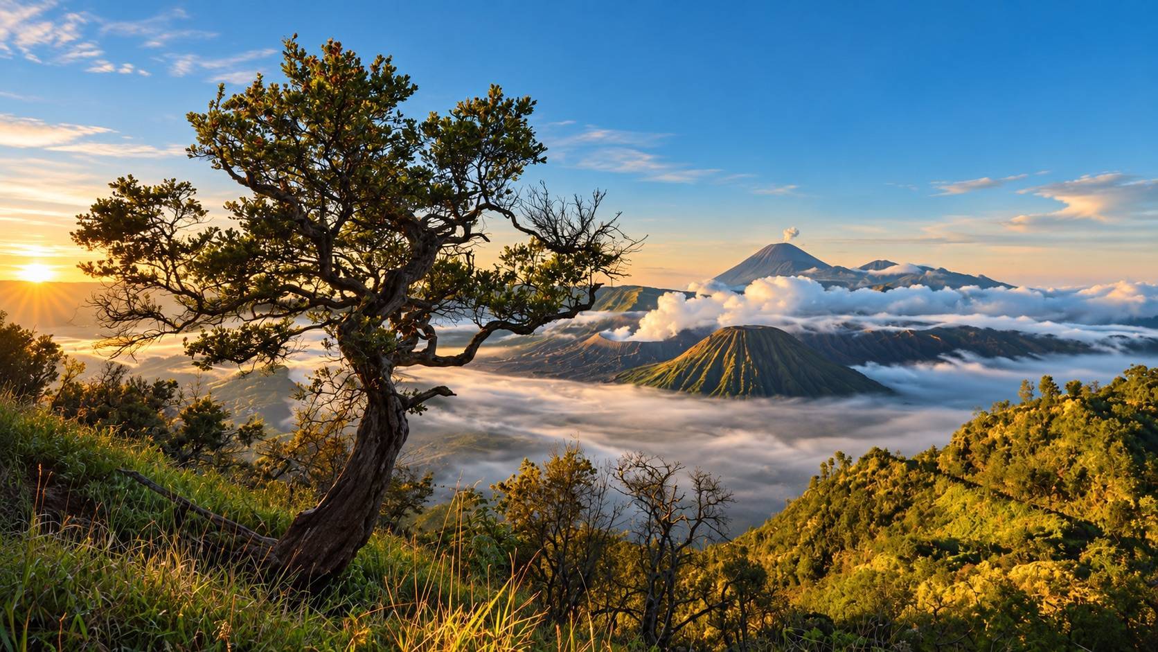 Mount Bromo sunrise panorama with Mount Semeru